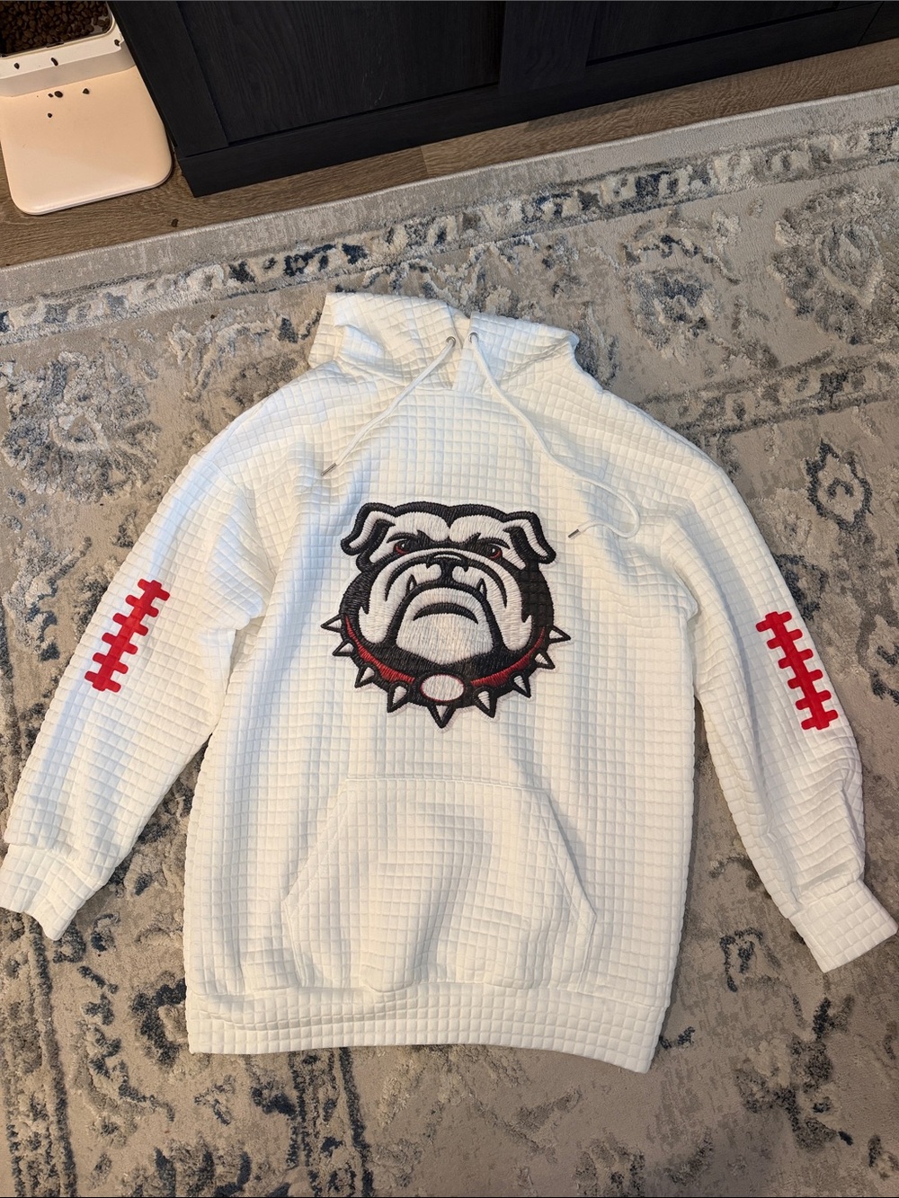 White Bulldog Graphic Waffle-Knit Hoodie Sweater - Women's Crew/Scoop